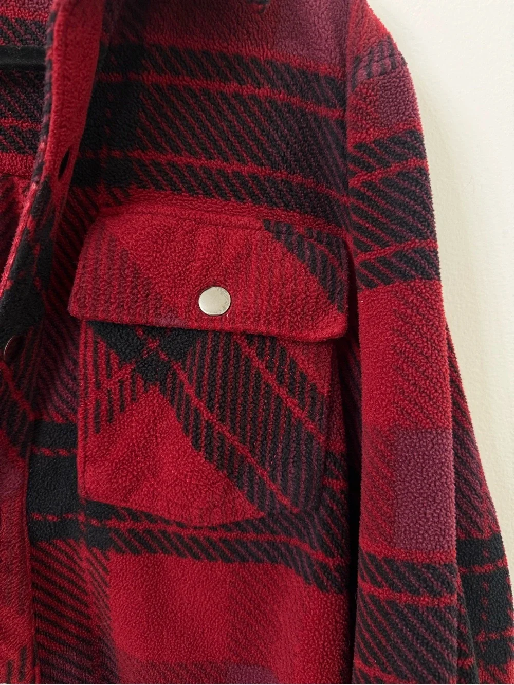 {XL} TRUE RELIGION Red Black Polar Fleece Shacket Snap Buttons